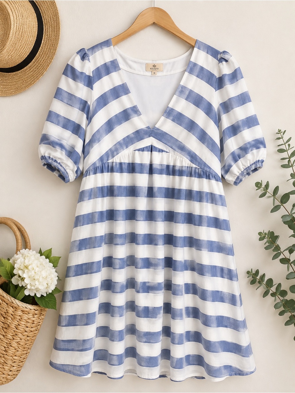 Entro Blue White Striped Tencel Puff Sleeve Mini Dress Size M Coastal V Neck